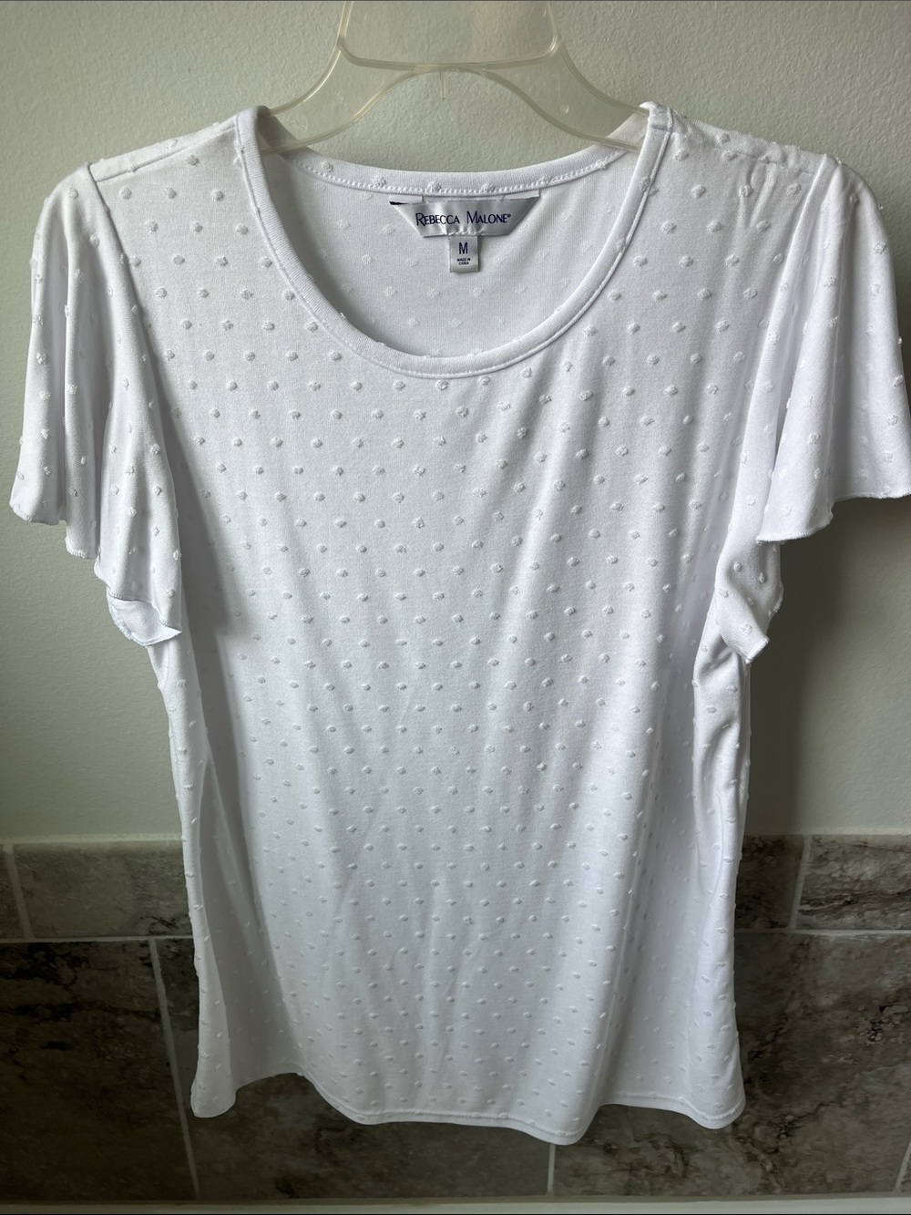 Rebecca Malone White Swiss Dot Short Sleeve Tee with Ruffled Sleeves